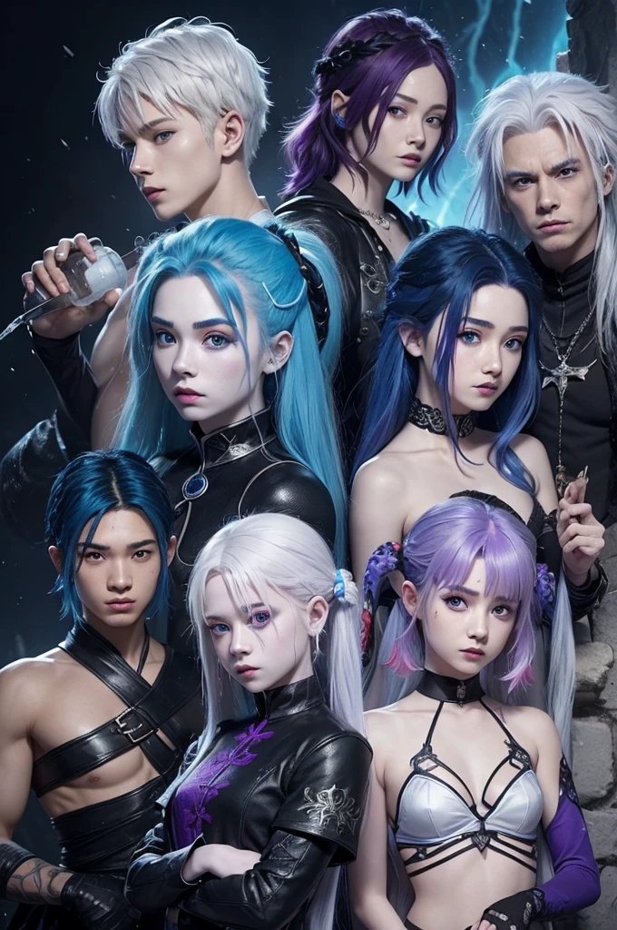 Four teenagers, two woman's ( one with a blue hair and the other one with a purple hair )and two man's (one man with white hair and the other is a white man with red hair) and shadows of four dragons in the background