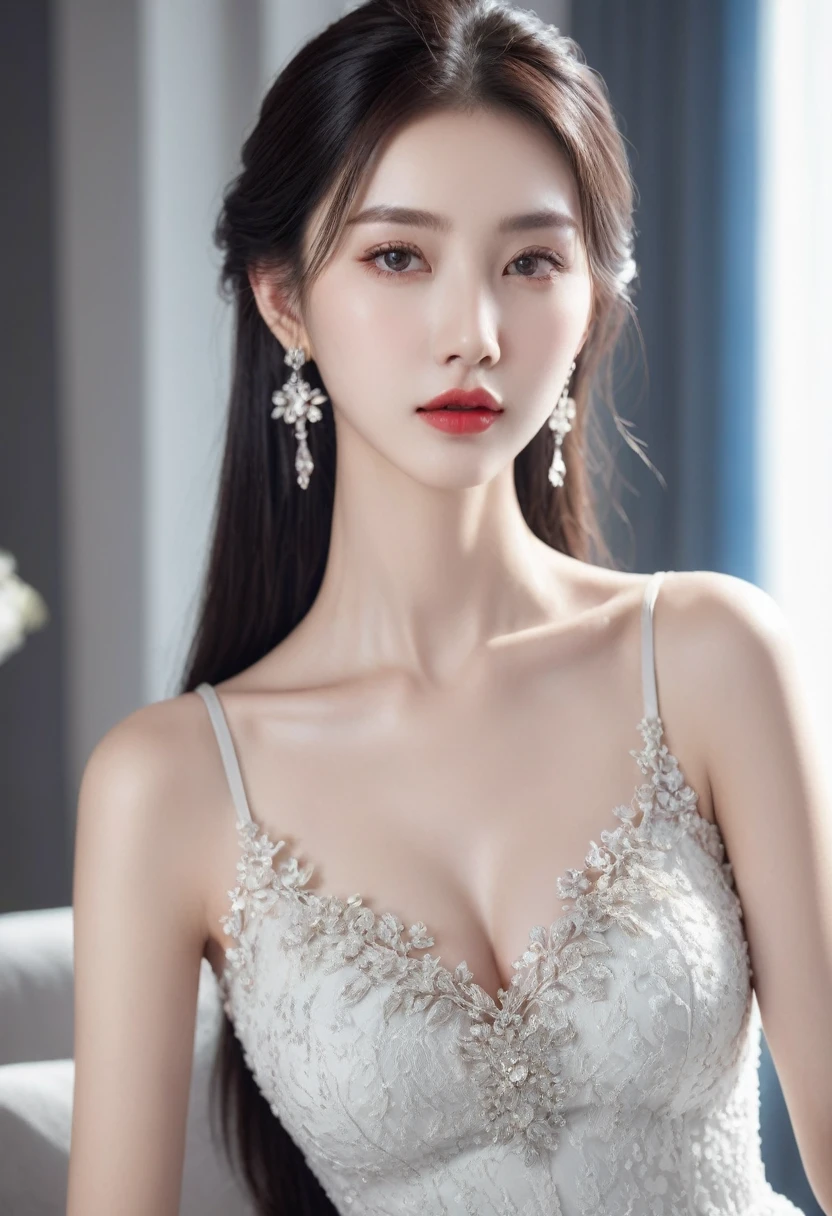 Top of the line CG, highest image quality, masterpiece, exquisite and delicate beautiful girl, (185cm beautiful woman), (tall and slender figure), imperial sister, queen temperament, fair skin, ((long legs)), perfect facial features, bright eyes, seductive posture, red lips, beautiful and cold (big breaks)), beautiful and heroic, soft and long hair, sparkling, lace edge, mesh, visible skin through perspective, wearing glasses, diamond earrings, ruby necklace, (evening dress), 8k image quality, (realistic portrait), characters fill the screen, (Facial lighting), ((Standing)