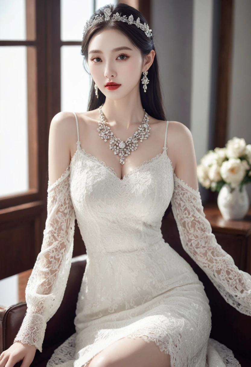 Top of the line CG, highest image quality, masterpiece, exquisite and delicate beautiful girl, (185cm beautiful woman), (tall and slender figure), imperial sister, queen temperament, fair skin, ((long legs)), perfect facial features, bright eyes, seductive posture, red lips, beautiful and cold (big breaks)), beautiful and heroic, soft and long hair, sparkling, lace edge, mesh, visible skin through perspective, wearing glasses, diamond earrings, ruby necklace, (evening dress), 8k image quality, (realistic portrait), characters fill the screen, (Facial lighting), ((Standing)