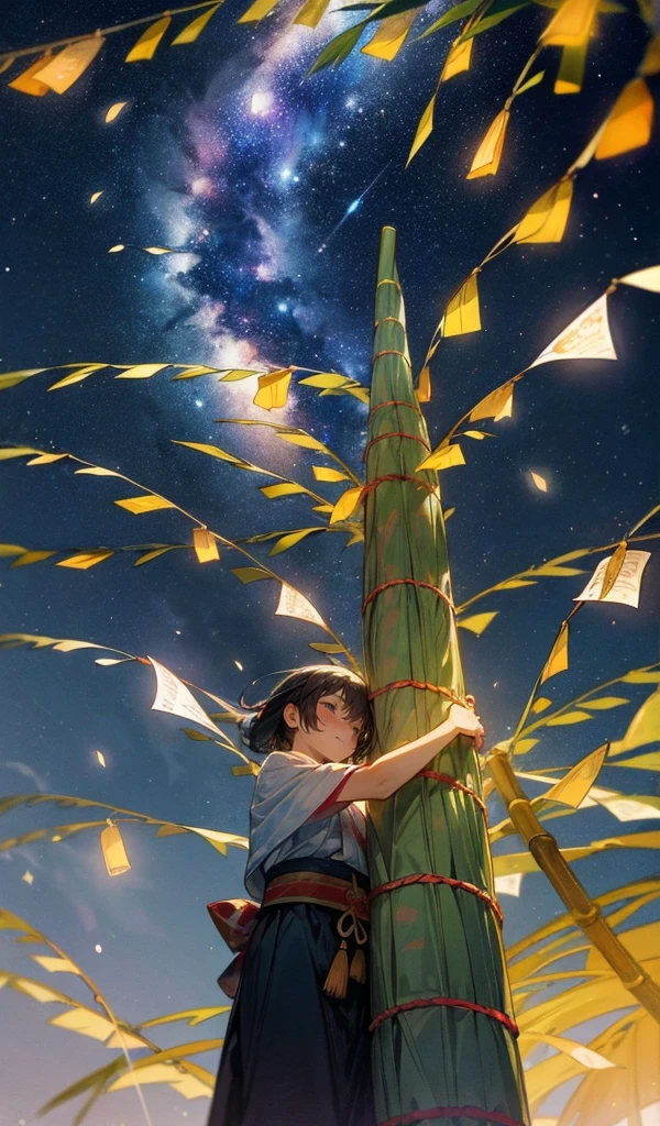 A lively Tanabata night with bamboo branches festooned with colorful decorations and paper wishes. The night sky is alive with a river of stars, the Milky Way stretching across it in a brilliant display. The stars twinkle like diamonds, and the bamboo leaves rustle softly. Lanterns cast a warm glow, enhancing the festive atmosphere.