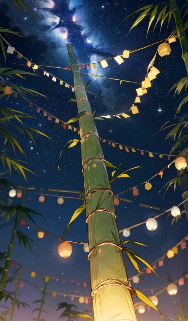 A lively Tanabata night with bamboo branches festooned with colorful decorations and paper wishes. The night sky is alive with a river of stars, the Milky Way stretching across it in a brilliant display. The stars twinkle like diamonds, and the bamboo leaves rustle softly. Lanterns cast a warm glow, enhancing the festive atmosphere.
