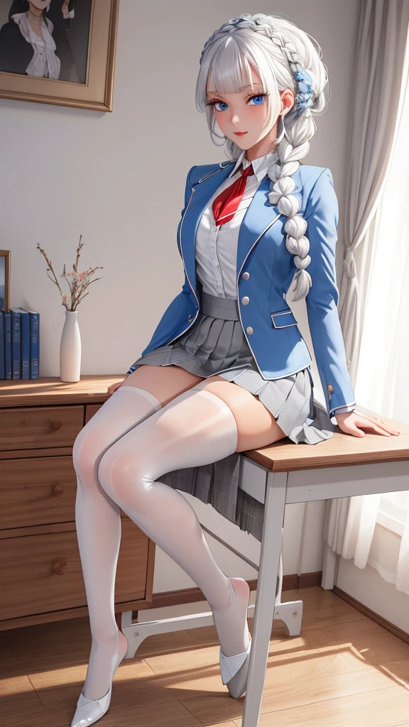 "1girl, incredibly detailed 8k cg, flawless model, mesmerizing idol, stunning face, ethereal beauty, pristine white hair, ring braids, captivating blue eyes,  Kakegurui ,  redblazer, white shirt, pleated grey skirt,  brown pantyhose, sat on desk  , full body, 