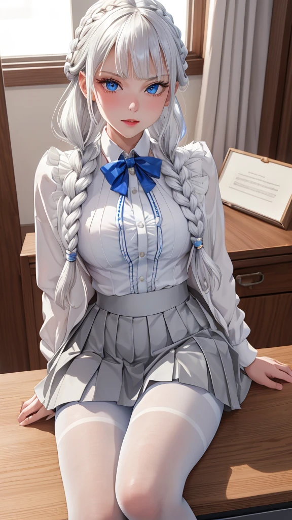 "1girl, incredibly detailed 8k cg, flawless model, mesmerizing idol, stunning face, ethereal beauty, pristine white hair, ring braids, captivating blue eyes,  Kakegurui ,  redblazer, white shirt, pleated grey skirt,  brown pantyhose, sat on desk  , full body, 