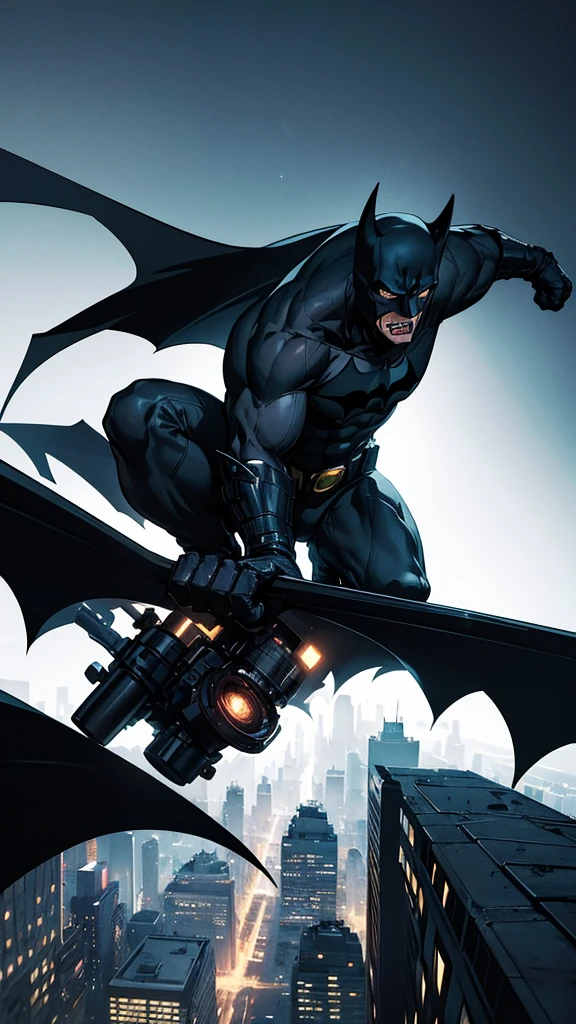 Create a comic-style image of Batman riding his Batmobile on the road in Gotham City at night. The scene is dark and atmospheric, with the bat signal shining brightly in the sky. Batman's Batmobile looks aggressive and is equipped with weapons, shooting at his unseen enemy. The background features detailed buildings of Gotham City, capturing its gritty and intense mood. The night sky should have the bat signal prominently displayed. This image should have a sense of action and motion, with Batman in a dynamic pose, and be in comic art style.