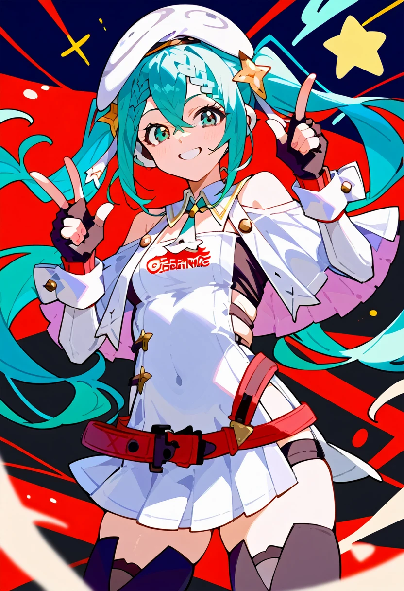 solo, score_9, score_7_up, source_anime, BREAK smile, finger gun, racingmiku2023, aqua hair, aqua eyes, twintails, braid, star hair ornament, white headwear, beret, white capelet, white dress, clothing cutout, long sleeves, red belt, black gloves, fingerless gloves, black thighhighs, bare shoulders,