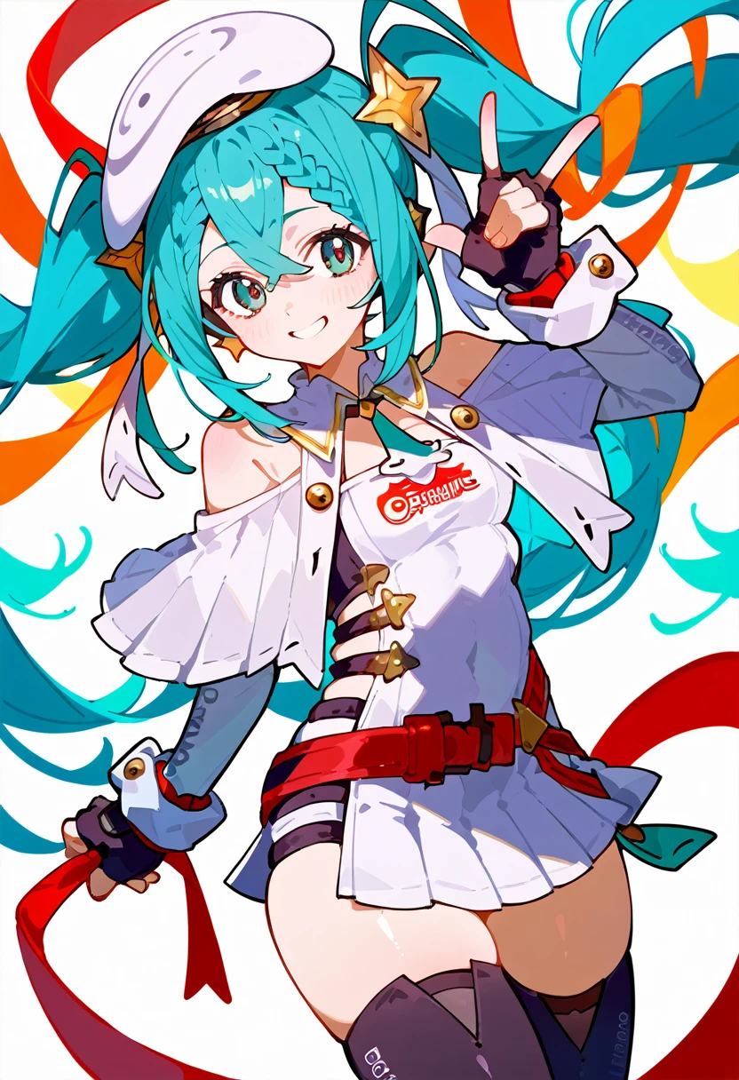 solo, score_9, score_7_up, source_anime, BREAK smile, finger gun, racingmiku2023, aqua hair, aqua eyes, twintails, braid, star hair ornament, white headwear, beret, white capelet, white dress, clothing cutout, long sleeves, red belt, black gloves, fingerless gloves, black thighhighs, bare shoulders,