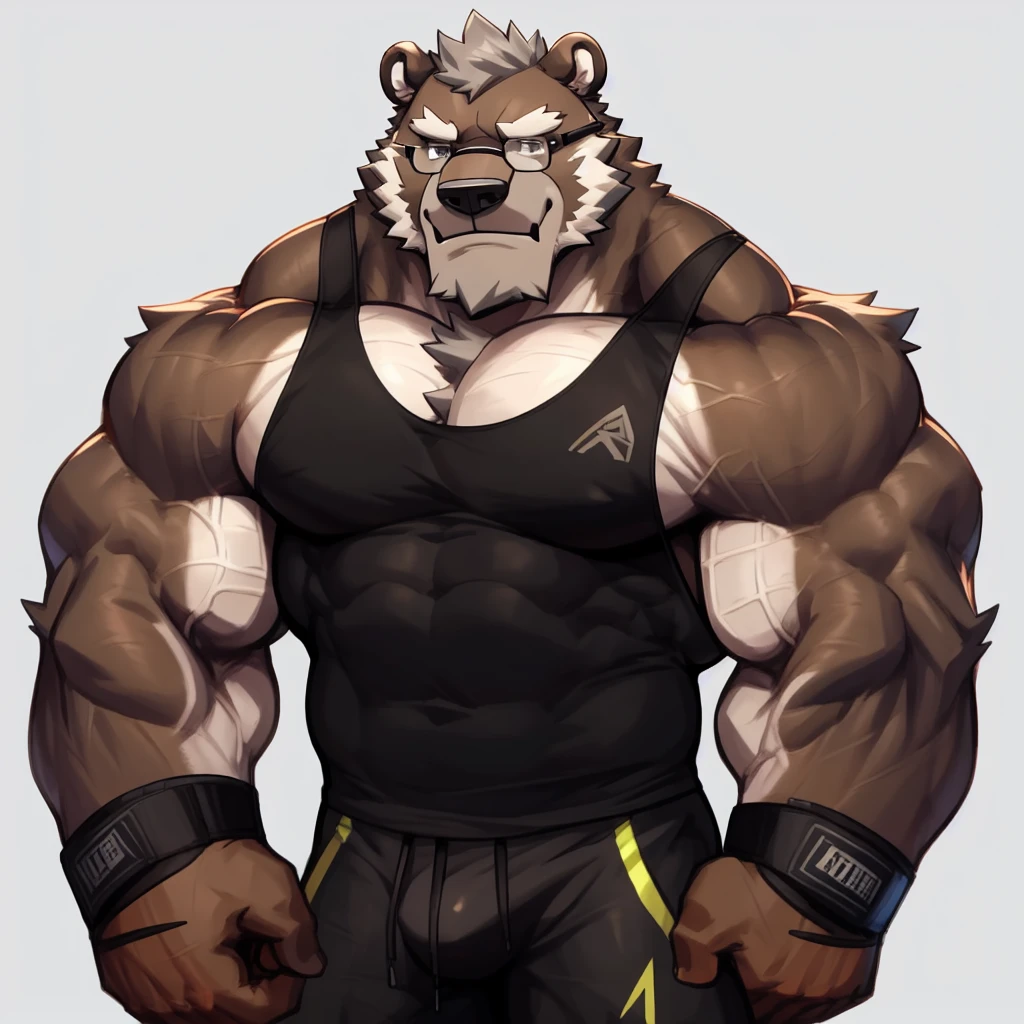 solo, 1boy, Huge Muscular Old Grizzly Bear Daddy wearing glasses , pectoral, huge pectoral, wide pectoral, short grey hair, black gym short, black wristbands and black tank top ,bearded, grey Mustache, simple background, masterpiece, high detailed, 8k, high resolution, at the gym, rippling reps