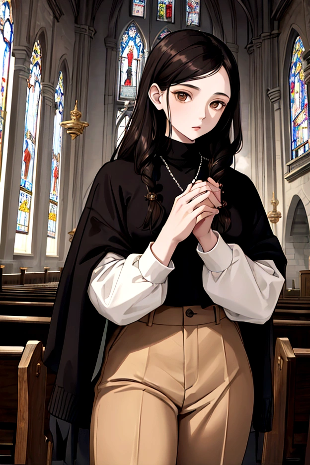 germ of art, Masterpiece, Best Quality, 1 girl, YOUNG, black hair, long curly hair, pale skin, Brown eyes, clothes a wool sweater with brown pants, he carries a rosary in his hands, locality a church.