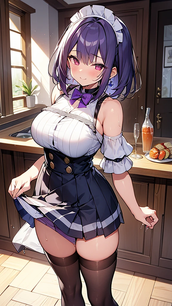 最high quality, high quality, Super detailed, 32k, Ultra-detailed details, Sister and maid, (Standing, pretty girl, beautiful purple hair, short hair, Beautiful RED eyes, mature, Big Breasts, A light smile, Off-the-shoulder sleeveless Summer メイド服, Summer casual maid clothes, Short skirt, Blue and white color striped underwear, Black knee socks, loafers, My crotch is wet with love juice, 18-year-old,cute), {{The succubus peels the skin off her sister's face, sticks it on her face, and seduces her by dressing her as a maid.}}, She has transformed from a shy maid into a lewd one., A maid with her sister's face stuck on her face is vigorously pistoning her body, A maid who moves her body vigorously without caring if her breasts bounce, Super detailed, Full body image, ((Head to Toe:1.3)), NSFW