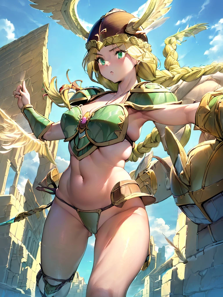 masterpiece,best quality, 1girl, 18yo, beautiful girl,BREAK,(Armor:1.8),(Helmet with wings:1.7),(Beautiful blonde,braid,Green Eyes:1.5),BREAK,(Bikini Armor,navel exposed,voluptuous bust,thin waist:1.4),BREAK, (blue sky:1.2),(Running on clouds:1.3),(blue skyに舞う:1.3),