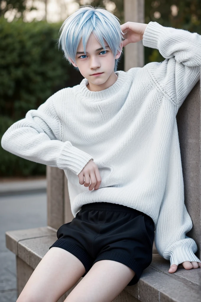 2D+reality 14 year old teenage boy with blue eyes, white hair, white skin with a blushing and shy face wearing a black sweater and short black shorts with his legs open 