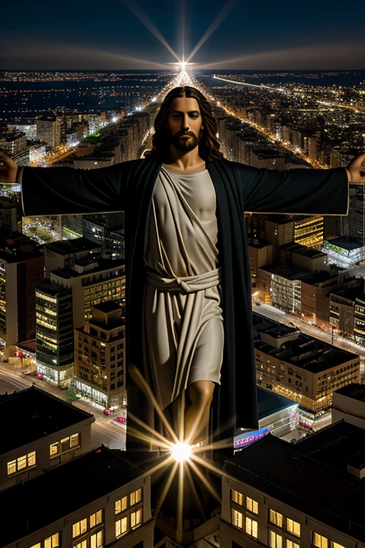 creates a realistic image of Jesus Christ with open arms over the city of Montevideo on a dark night., It is very close to the buildings .Only the torso is visible to Jesus and he is inside a dome of light that emanates to the entire city with rays of light. . On each side of Jesus there is an angel .
Adds more light than detail and reflects on the roofs of buildings