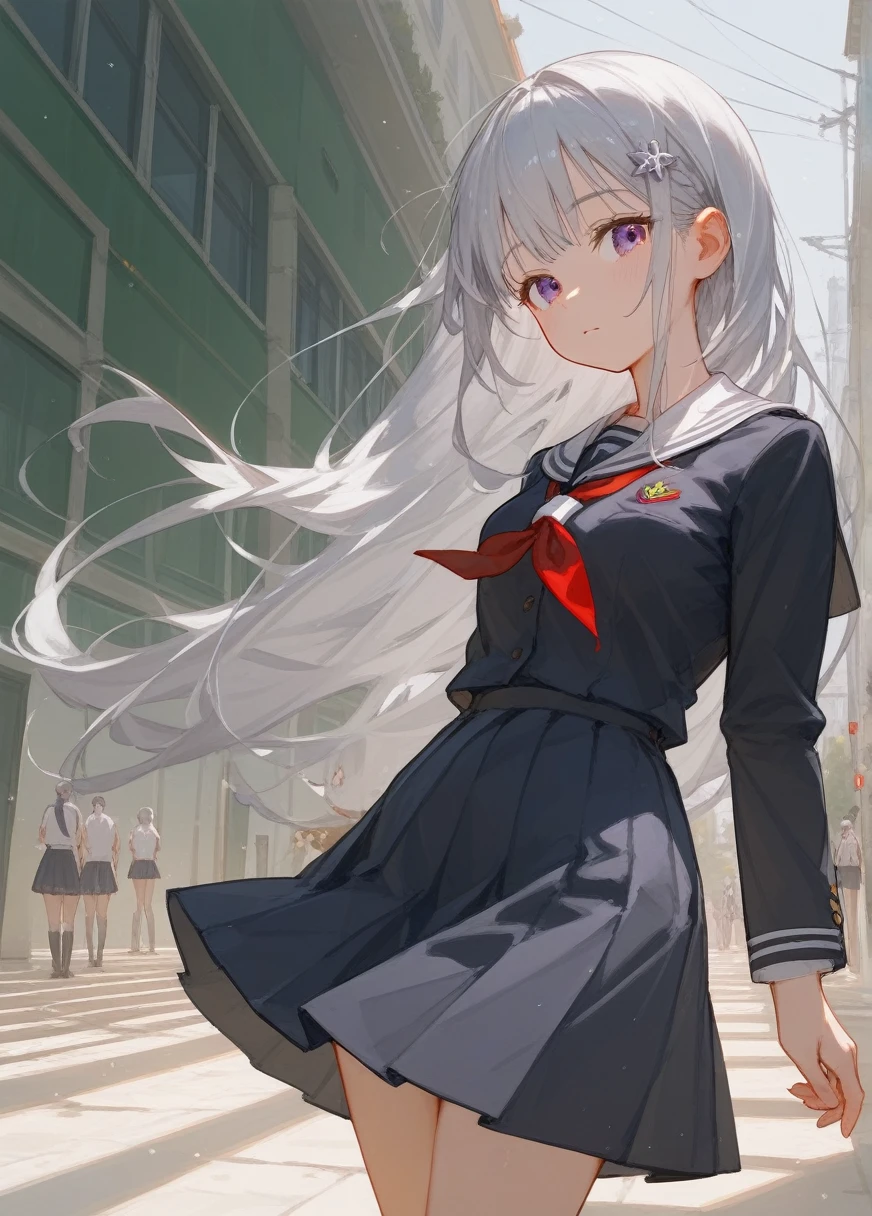 1girl, emilia, silver hair, shuuchiin_academy_uniform, school_uniform, dress,