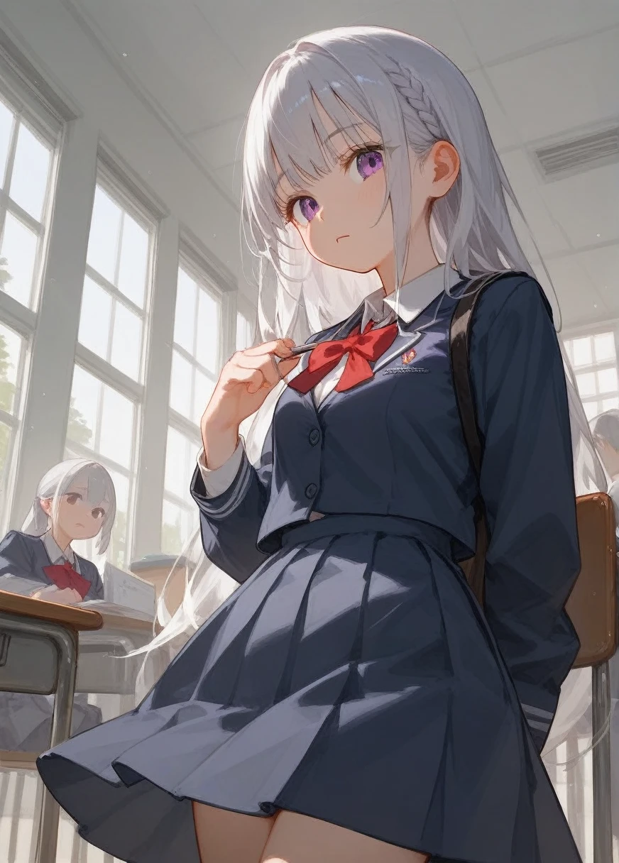 1girl, emilia, silver hair, shuuchiin_academy_uniform, school_uniform, dress,