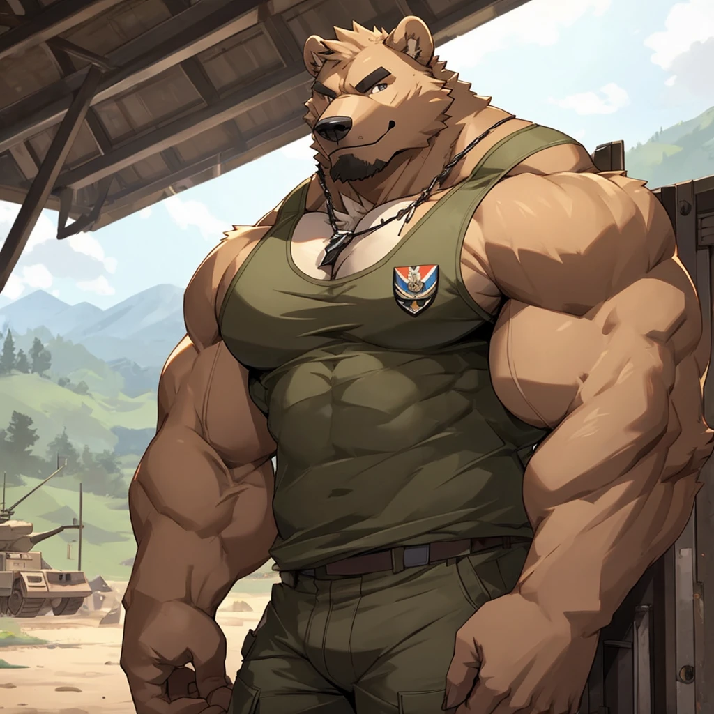 Grizzly Bear, good looking, male, anthro, ultradetailed, muscular, solo, bareness, rippling muscles, muscles, military camp background, tail, serious, big pecs, looking at viewer, military tank top, doggy tag, bara, big muscles,