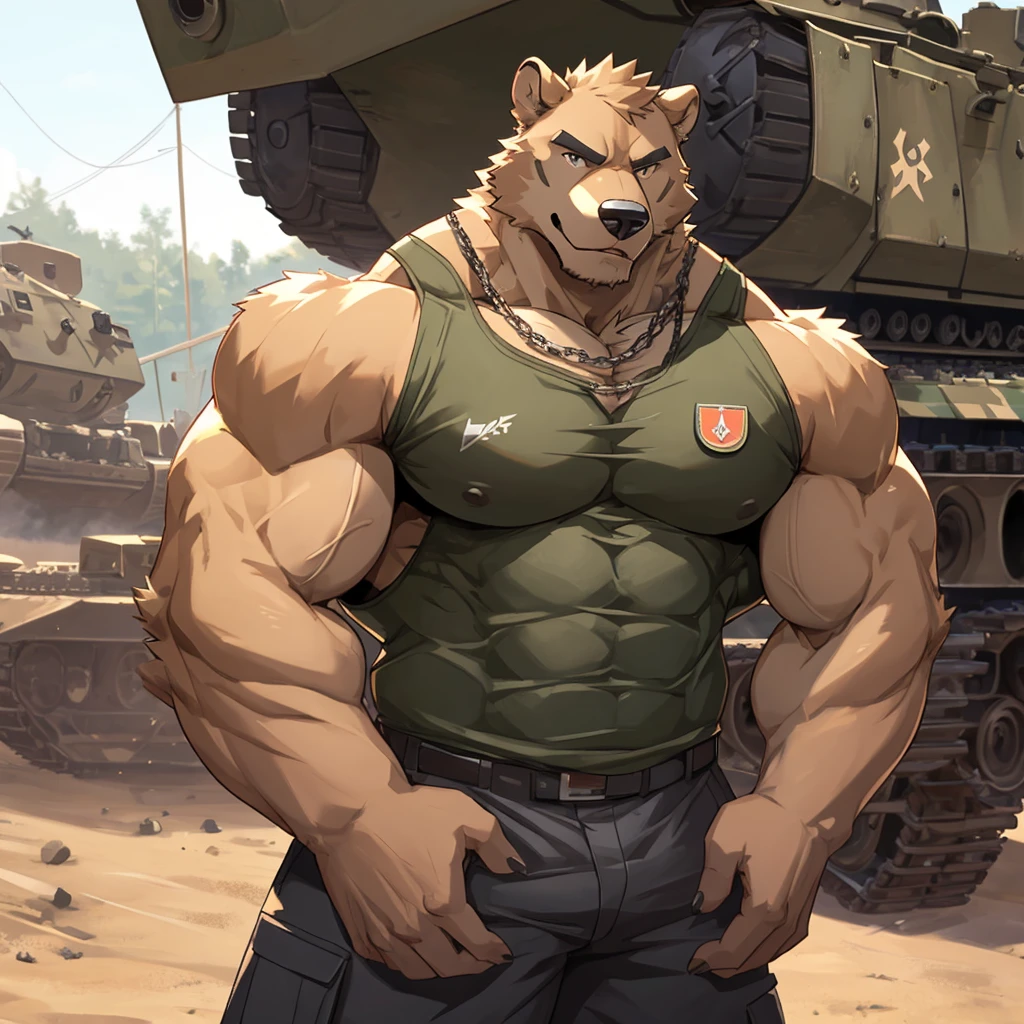Grizzly Bear, good looking, male, anthro, ultradetailed, muscular, solo, bareness, rippling muscles, muscles, military camp background, tail, serious, big pecs, looking at viewer, military tank top, doggy tag, bara, big muscles,