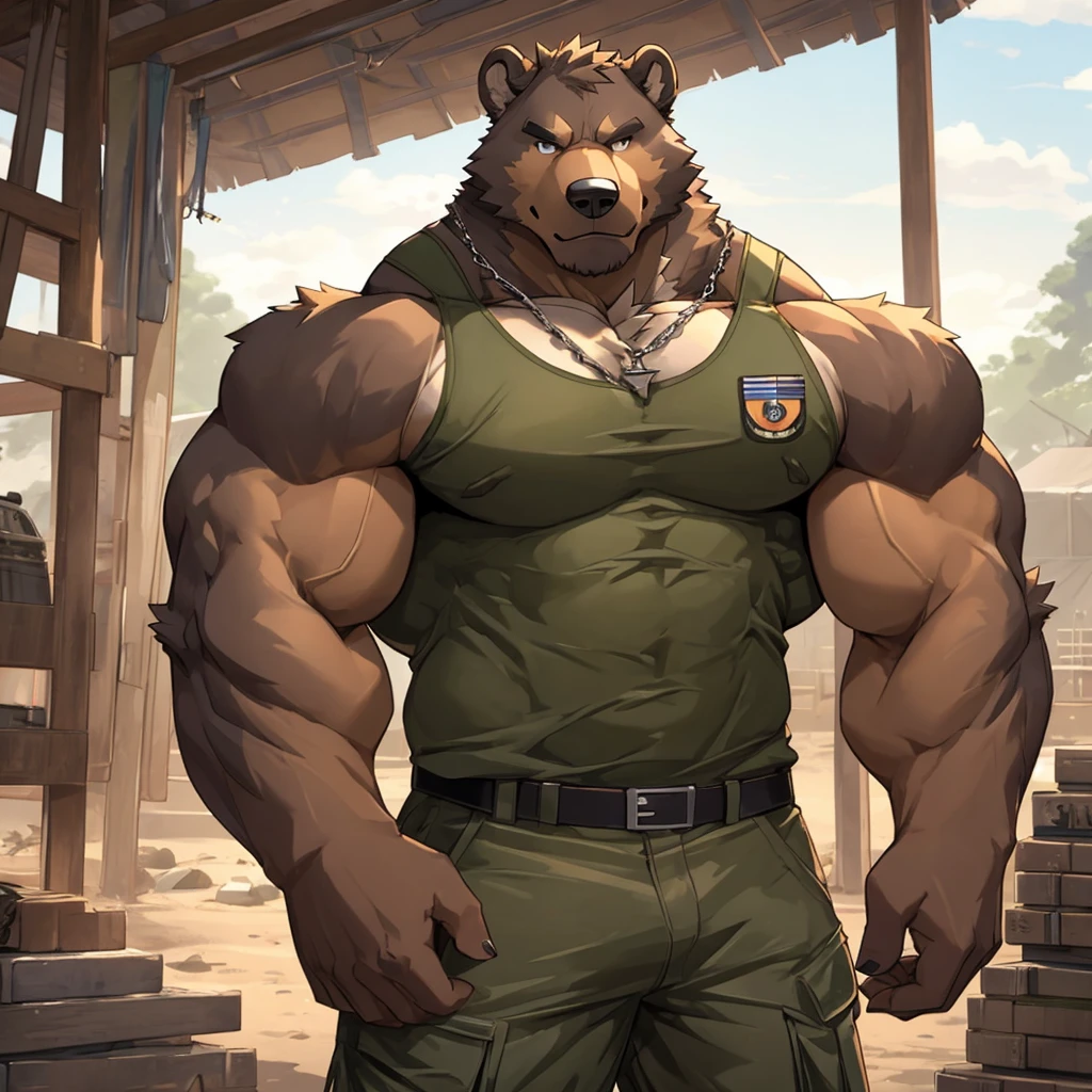 Grizzly Bear, good looking, male, anthro, ultradetailed, muscular, solo, bareness, rippling muscles, muscles, military camp background, tail, serious, big pecs, looking at viewer, military tank top, doggy tag, bara, big muscles,