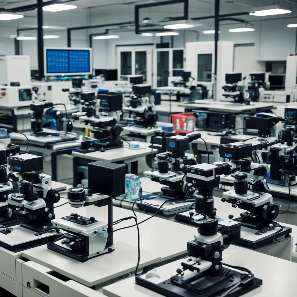 Aliens observing microscopes in a technological laboratory