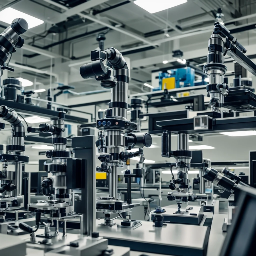 Aliens observing microscopes in a technological laboratory