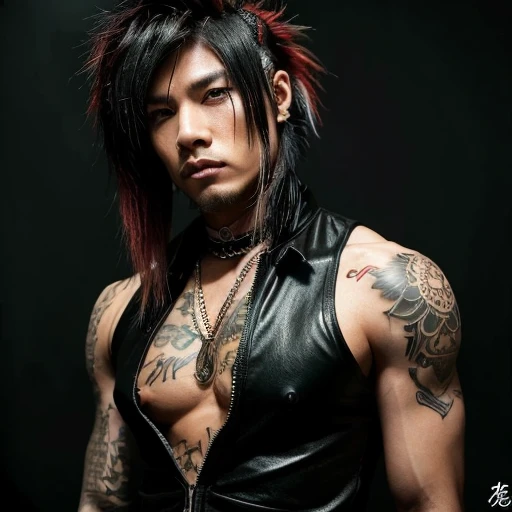 1 man, Japanese man, male, Asian eyes, muscular, broad shoulders, yakuza tattoos, hairstyle Visual Kei style, hair Visual Kei, black men's shirt and black pants, ultra detailed face, hyperrealistic, realistic representation, long hair, long hair, 30 years old, age 30 years, blonde hair