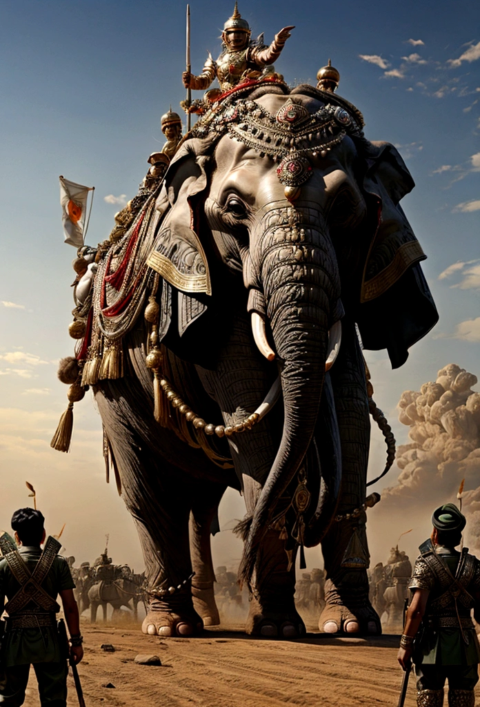 A Indian elephant infront of indian army , adorned in ornate armor lose the a epic battel aginst arab army
