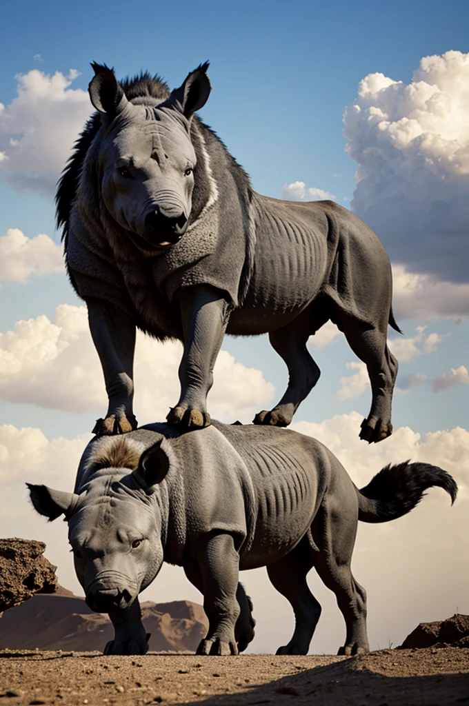 A wolf chimera, rhinoceros and falcon