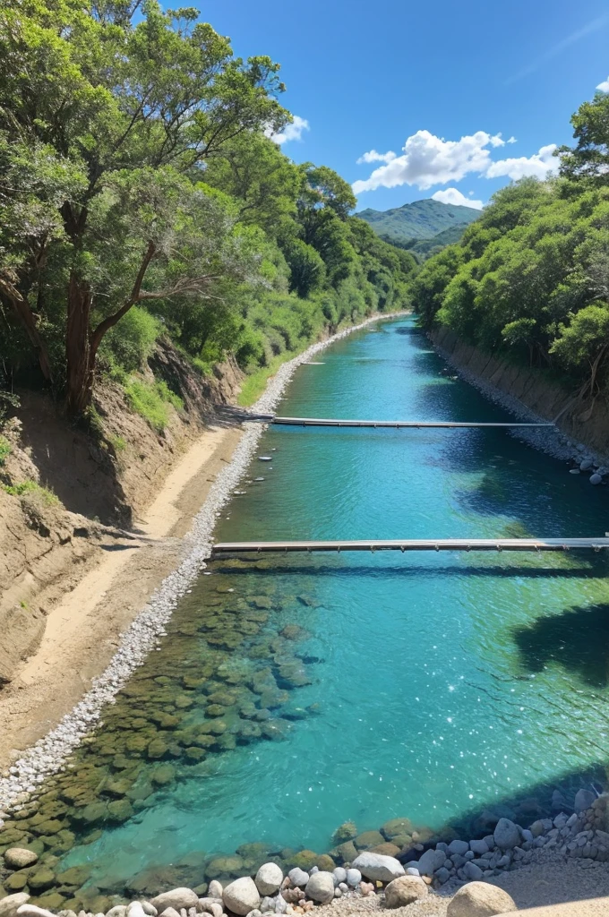 The river is flowing Blue sky Gravel is glass beads Sparkling live-action No people allowed