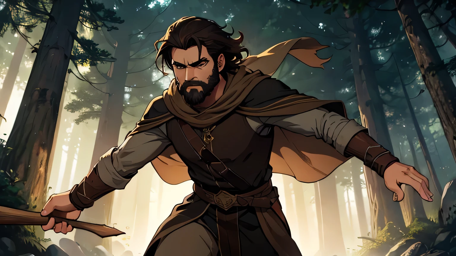 motion scene of man with dark brown beard, long dark brown hair, light yellow-brown eyes and dark brown and light brown tunic from the 4th century BC. C., with a light brown cloak, about 50 years old, attacking with a wooden stick, in a dark and mysterious forest at night, movement scene in the forest, changing lighting, hyper-realistic, cinematic lighting,