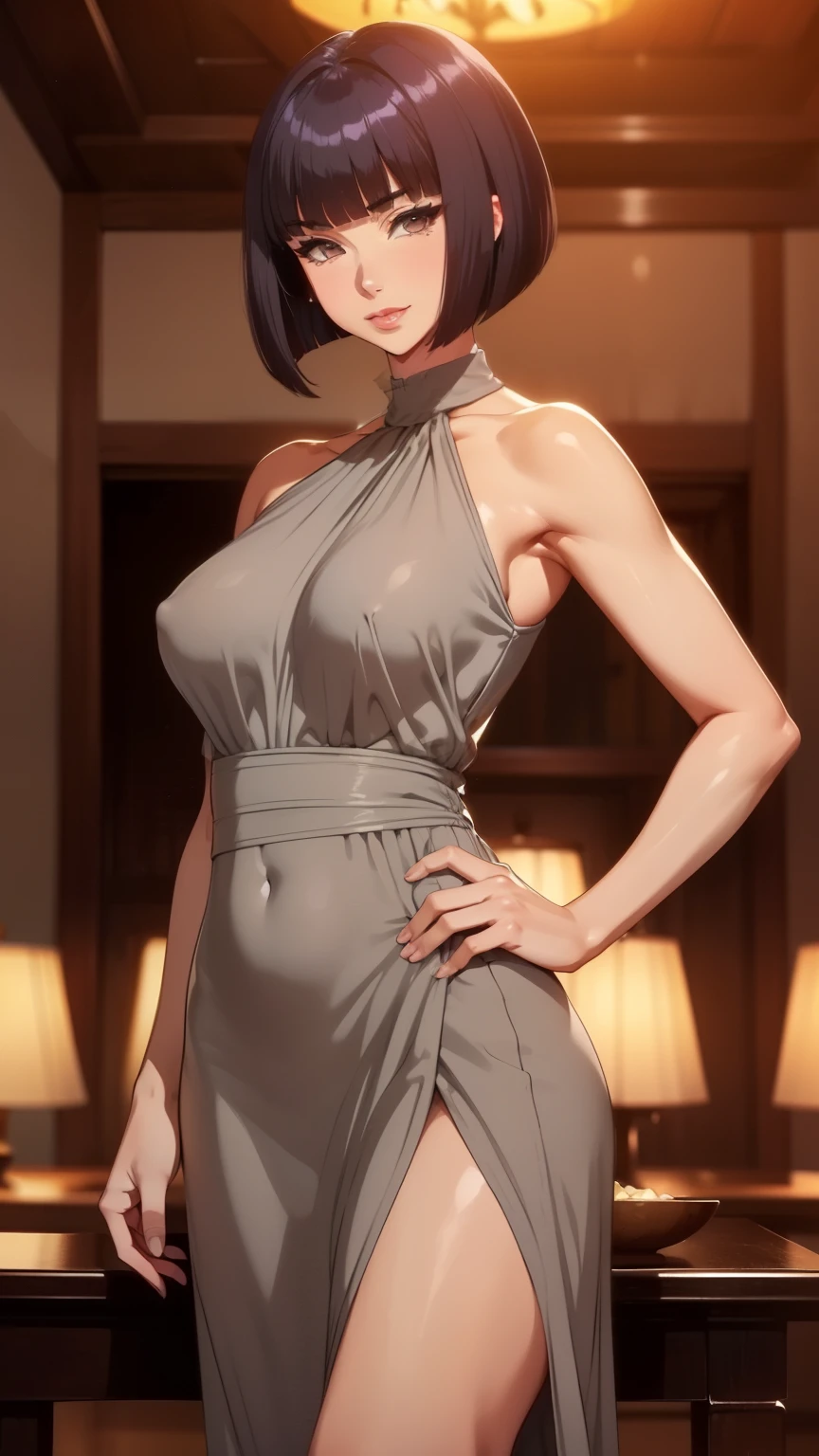 (masterpiece, best quality:1.2),((photoreal:1.3)),perfect anatomy,((solo:1.5)), ((alone:1.4)),((1 middle age woman:1.5)),((1 mature woman)),((MILF:1.2)),perfect eyes,Itsuki Shima, ((looking at viewer:1.4)),((horizontal angle:1.4)),((straight-on)),((face and body straight at the camera:1.4)),(view from the front,shooting from front,lighting from front),((small breasts:1.4)),(sagging small breasts),((Piutuary small breasts)),(muscular),((do not hide your crotch:1.4)),((cod lips)),((standing at attention:1.3)),(holding your head high),((hands on hip bone)),((bare legs)),((bare arms)),((bare shoulders)),delicate and beautiful,blunt bangs,(angled bob cut:1.2),bowl cut,(dark purple hair),detailed hair,BREAK ((light grey long dress:1.3)),halterneck dress,sleeveless dress,