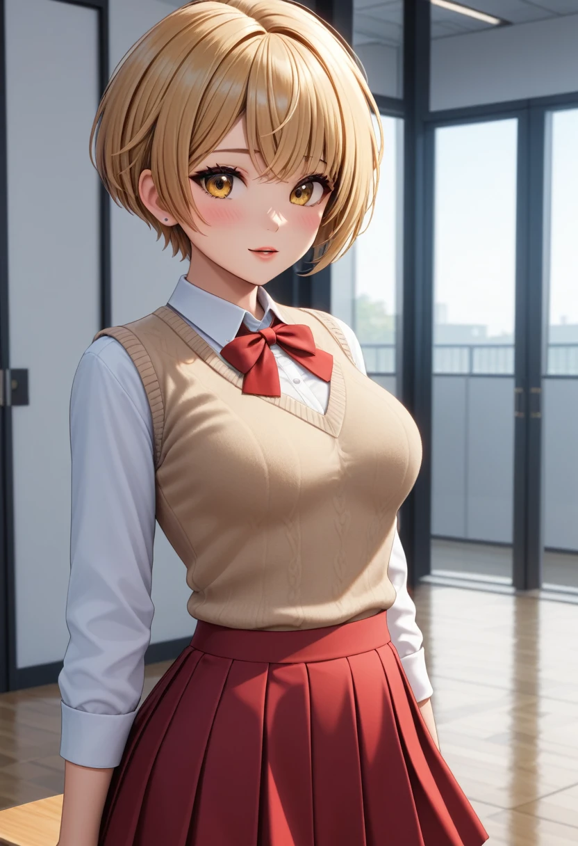 1girl, shy, yellow eyes, long bangs, fluffy short pixie hair, pixie haircut, light-blonde hair, standing, medium breasts, white shirt, beige sweater vest, neck ribbon, red skirt, school grounds, masterpiece quality, intricate detail, 4k resolution, ultra hd