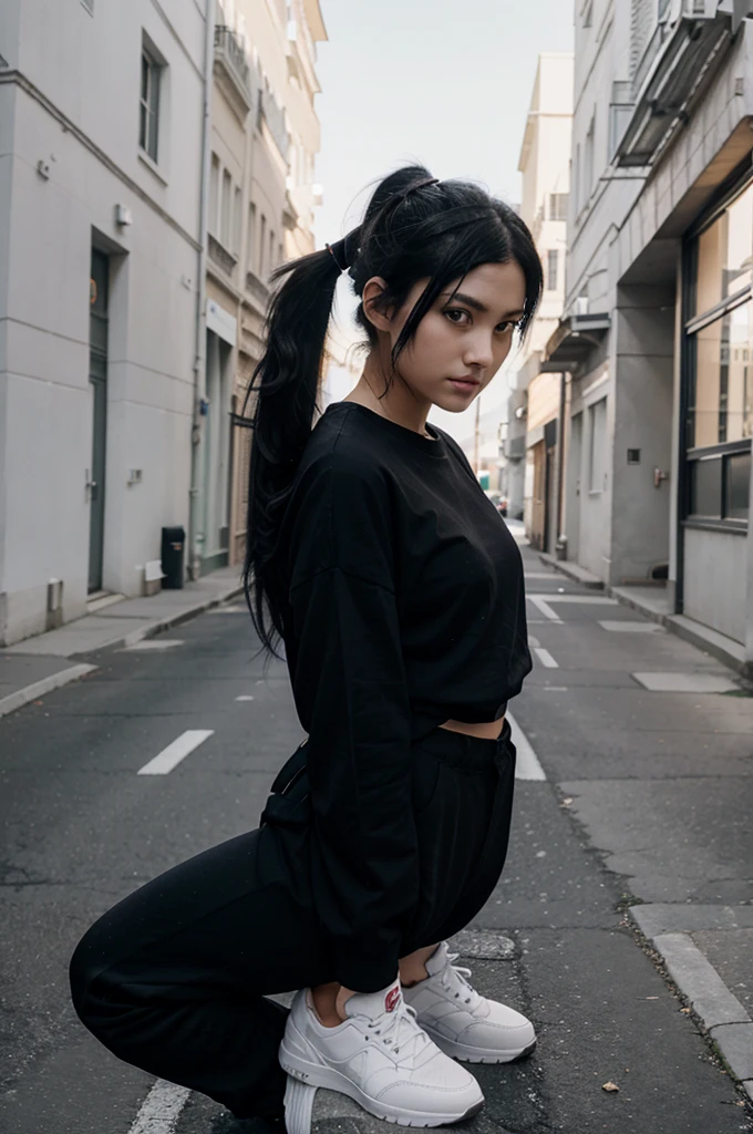 female character,black hair with a long ponytail , wide and long t-shirt , a short black leggings,black shoes,black gloves,black headphones
