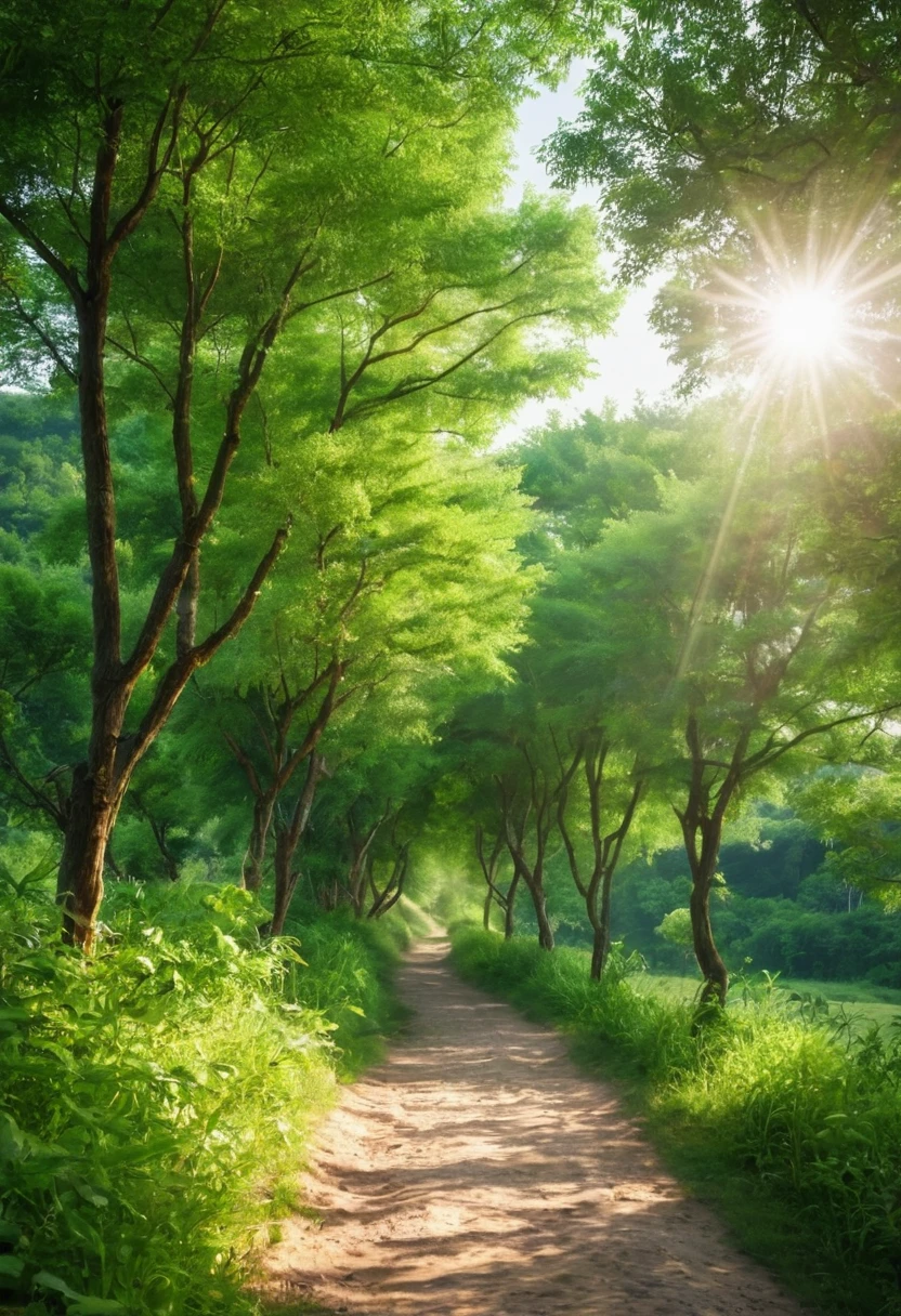 Photography，Summer in the countryside，Summer trees，The Trail，乡间The Trail，Green trees on both sides，The sun&#39;s rays are very strong，烈日Like flames，A ray of sunlight，Like flames，The light of flame，There are scarlet flowers on the left side of the road，A red flower among the green leaves on the roadside，

