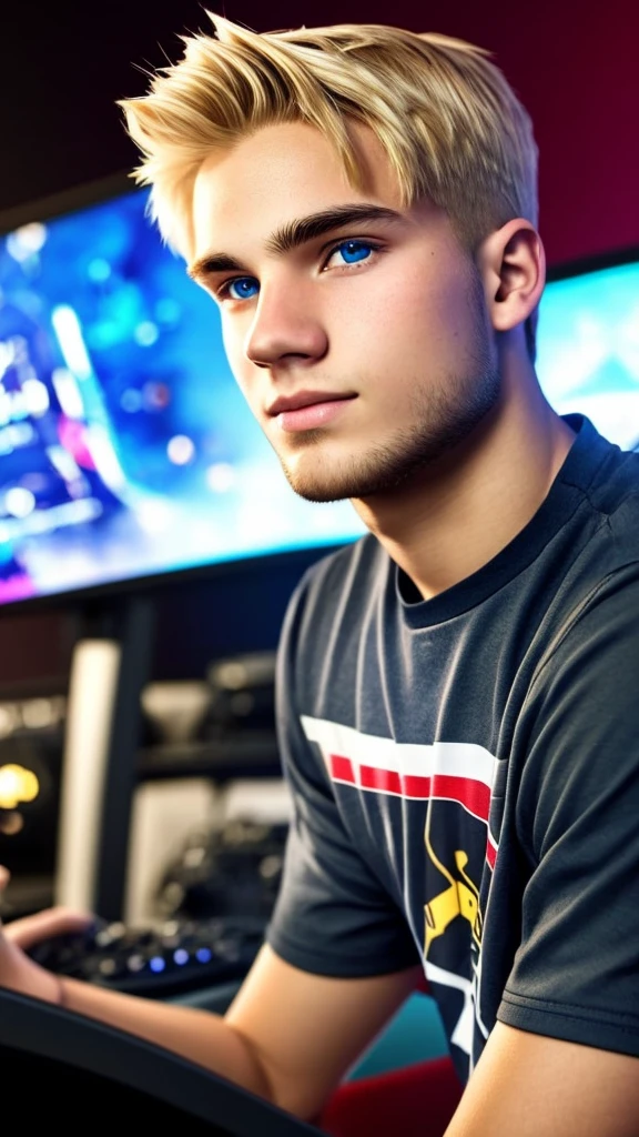 Create an image of a young man aged between 18 to 23 years old. He has blonde hair and light-colored eyes. The young man is seated at a gamer setup with multiple monitors and gaming accessories visible. He is facing the camera, as if he's streaming, with a microphone and possibly a webcam in view. The focus is centered on him, while the background is blurred to emphasize his presence. The lighting should be soft, highlighting his facial features and the gaming environment, giving a professional streaming vibe.