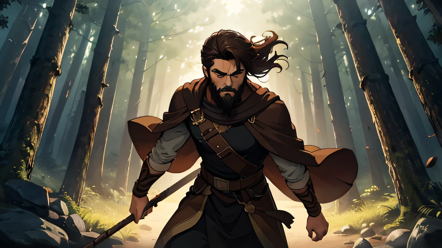 motion scene of  man with dark brown beard, long dark brown hair, light yellow-brown eyes and dark brown and light brown tunic from the 4th century BC. C., with a light brown cloak, about 50 years old, attacking with a wooden stick, in a dark and mysterious forest at night, movement scene in the forest, changing lighting, hyper-realistic, cinematic lighting,