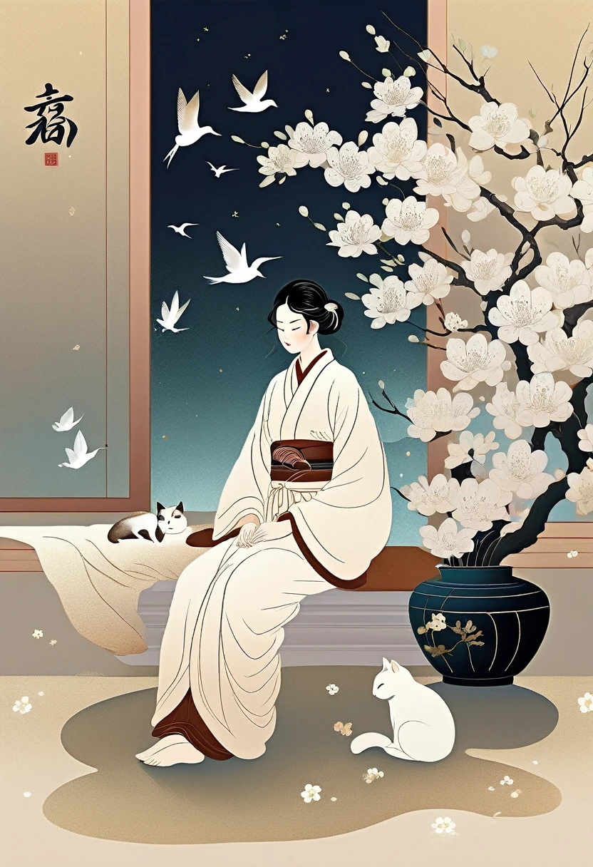 An illustration with soft tones and a dreamy feel。The characters in the picture are covered with a large number of small white flowers,Gives a hazy and mysterious visual effect。Ukiyo-e,Modern illustration elements。Tranquility、Pure atmosphere,Reminiscent of spring and new life。