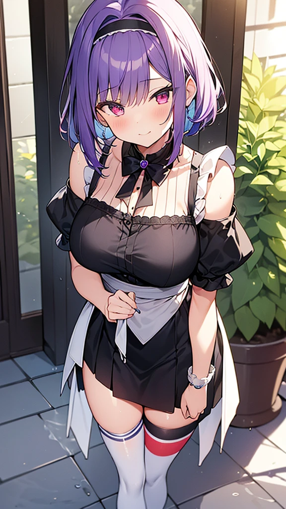 最high quality, high quality, Super detailed, 32k, Ultra-detailed details, Sister and maid, (Standing, pretty girl, beautiful purple hair, short hair, Beautiful RED eyes, mature, Big Breasts, A light smile, Off-the-shoulder sleeveless Summer メイド服, Summer casual maid clothes, Short skirt, Blue and white color striped underwear, Black knee socks, loafers, My crotch is wet with love juice, 18-year-old,cute), {{The succubus peels the skin off her sister&#39;s face, sticks it on her face, and seduces her by dressing her as a maid.}}, She has transformed from a shy maid into a lewd one., A maid with her sister&#39;s face stuck on her face is vigorously pistoning her body, A maid who moves her body vigorously without caring if her breasts bounce, Super detailed, indoor, Full body image, ((Head to Toe:1.3)), NSFW