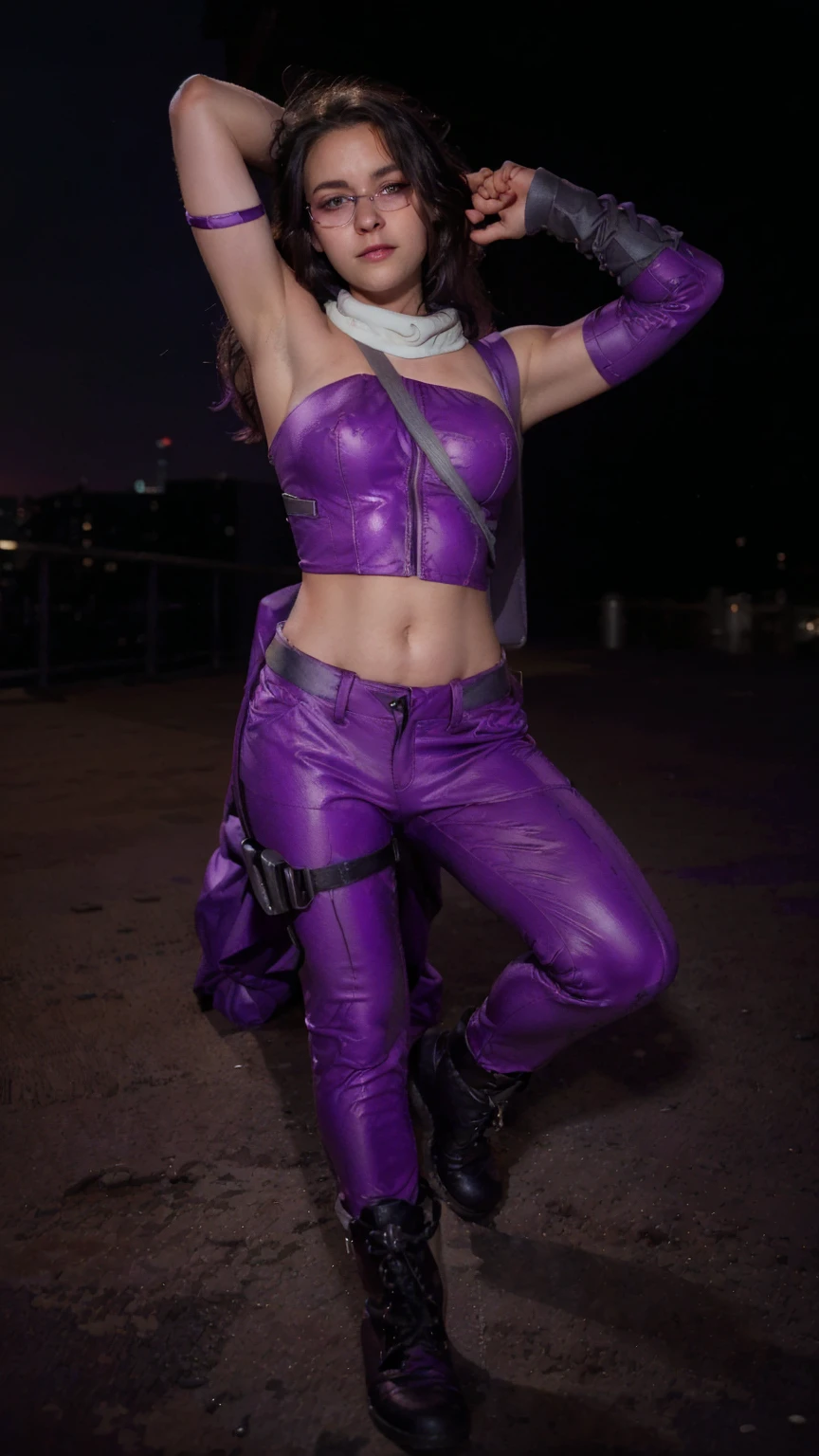 (masterpiece), (photorealistic1.4), (1 girl), (solo), (best quality), (epiCRealLife), (Kate Bishop long hair), (sleeveless top), (kateb2023 black utility belt), (kateb2023 purple costume), (purple pants) (kateb2023 purple sleevless bodysuit), (kst3w),(white scarf), (kateb2023 purple sunglasses) (bare shoulder), (night time), (kateb2023 wearing black boot), (elbow gloves), (abs), (flash photography), (flashphoto), (outdoor), , (sunset), (wearing black boots), (look at viewers),(light smile), (squatting), (city night view), (standing on new york city top), (from side),