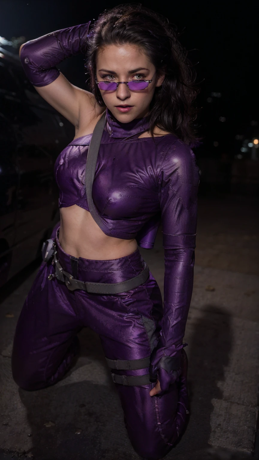 (masterpiece), (photorealistic1.4), (1 girl), (solo), (best quality), (epiCRealLife), (Kate Bishop long hair), (sleeveless top), (kateb2023 black utility belt), (kateb2023 purple costume), (purple pants) (kateb2023 purple sleevless bodysuit), (kst3w),(white scarf), (kateb2023 purple sunglasses) (bare shoulder), (night time), (kateb2023 wearing black boot), (elbow gloves), (abs), (flash photography), (flashphoto), (outdoor), , (sunset), (wearing black boots), (look at viewers),(light smile), (squatting), (city night view), (standing on new york city top), (from side),