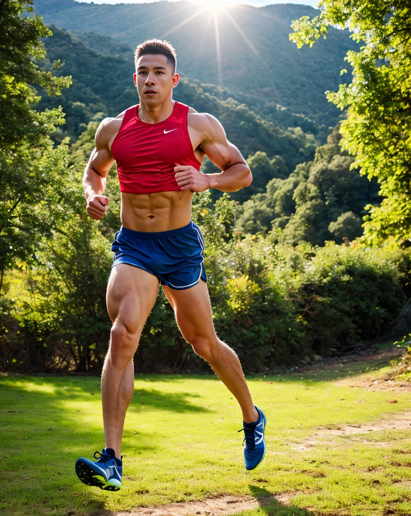 a muscular athlete, athletic body, running pose, sweat, determined expression, outdoor environment, nature scenery, sunlight, high quality, realistic, photorealistic, 8k, dynamic movement, sports equipment, vibrant colors, dramatic lighting