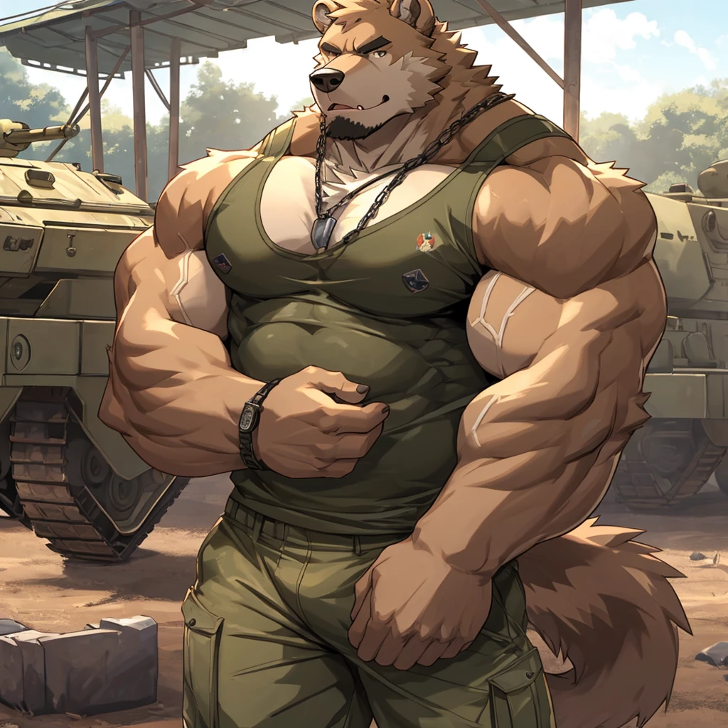 Grizzly Bear, good looking, male, anthro, ultradetailed, muscular, solo, bareness, rippling muscles, muscles, military camp background, tail, serious, big pecs, looking at viewer, military tank top, doggy tag, bara, big muscles, pull-ups