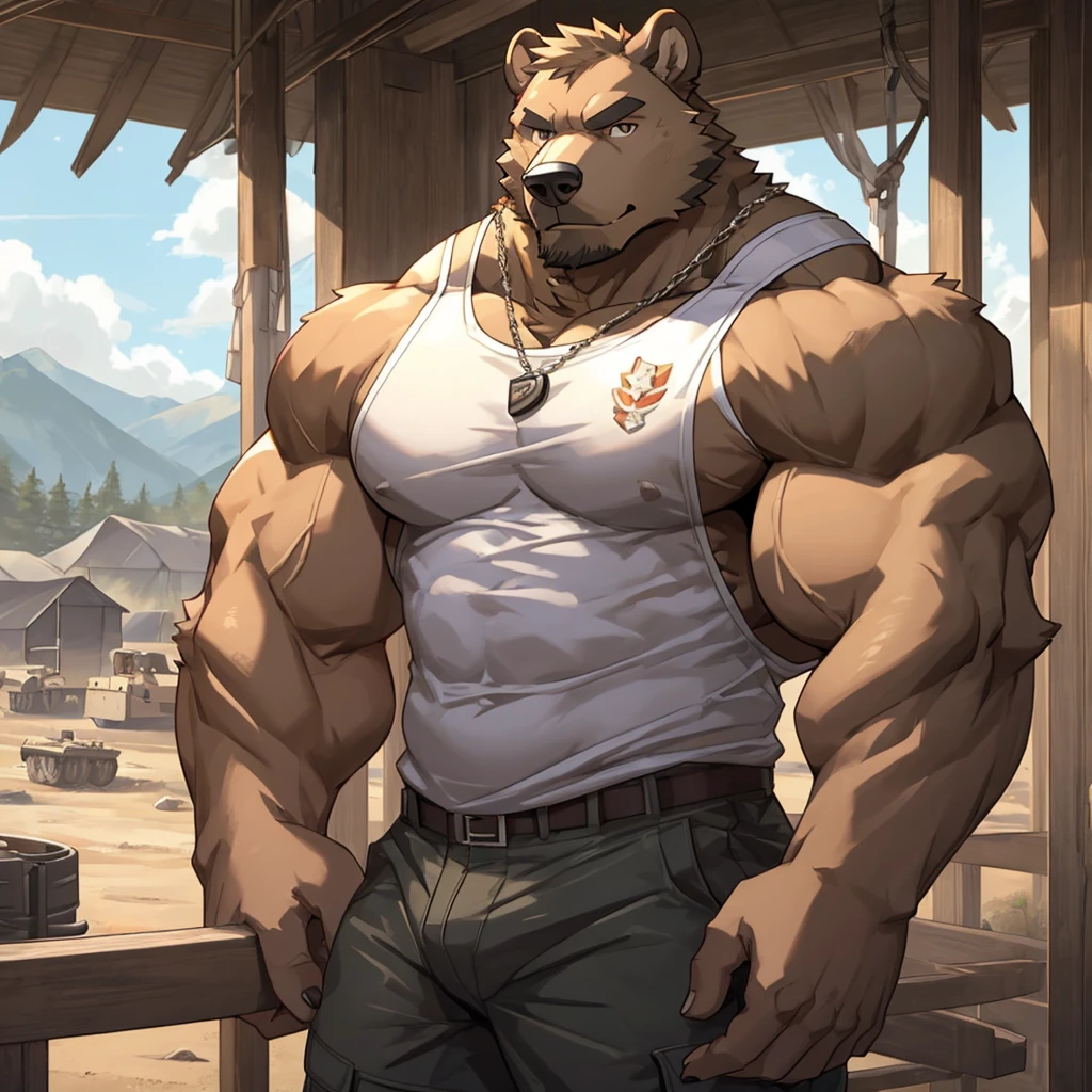 Grizzly Bear, good looking, male, anthro, ultradetailed, muscular, solo, bareness, rippling muscles, muscles, military camp background, tail, serious, big pecs, looking at viewer, military tank top, doggy tag, bara, big muscles, pull-ups