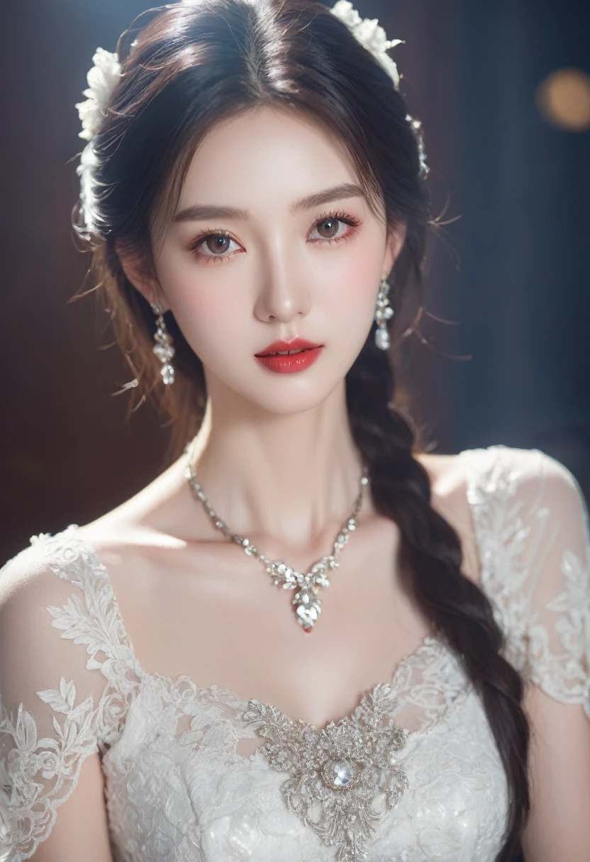 (((surreal woman)))、((とても美しい30歳の白人Female priest))、(((big big tits)))、(((Big big cleavage)))、Female priest、blonde mature、plump body shape、smile、middle-aged beauty 、Very delicate and delicate skin texture、Female priest、{(ancient ornate and luxurious temple)、(many torches are burning)}、red lips、fine scarlet eyes、(((Luxury and gorgeous silver outfit and luxurious accessories)))、Gorgeous and luxurious hair ornament、I have a shining platinum wand、
