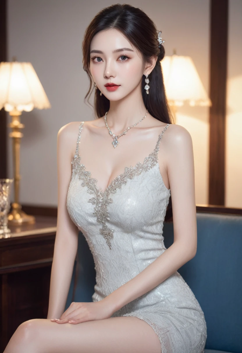 Top of the line CG, highest image quality, masterpiece, exquisite and delicate beautiful girl, (185cm beautiful woman), (tall and slender figure), imperial sister, queen temperament, fair skin, ((long legs)), perfect facial features, bright eyes, seductive posture, red lips, beautiful and cold (big breaks)), beautiful and heroic, soft and long hair, sparkling, lace edge, mesh, visible skin through perspective, wearing glasses, diamond earrings, ruby necklace, (evening dress), 8k image quality, (realistic portrait), characters fill the screen, (Facial lighting), ((Standing)