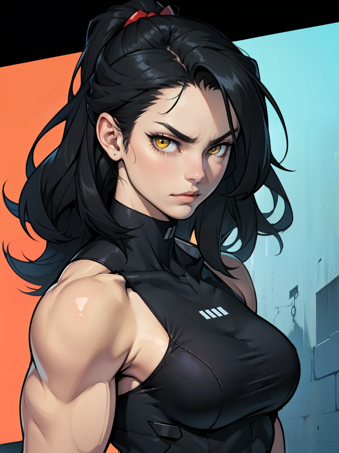 an extremely muscular girl black hair yellow eyes pale skin waistup serious