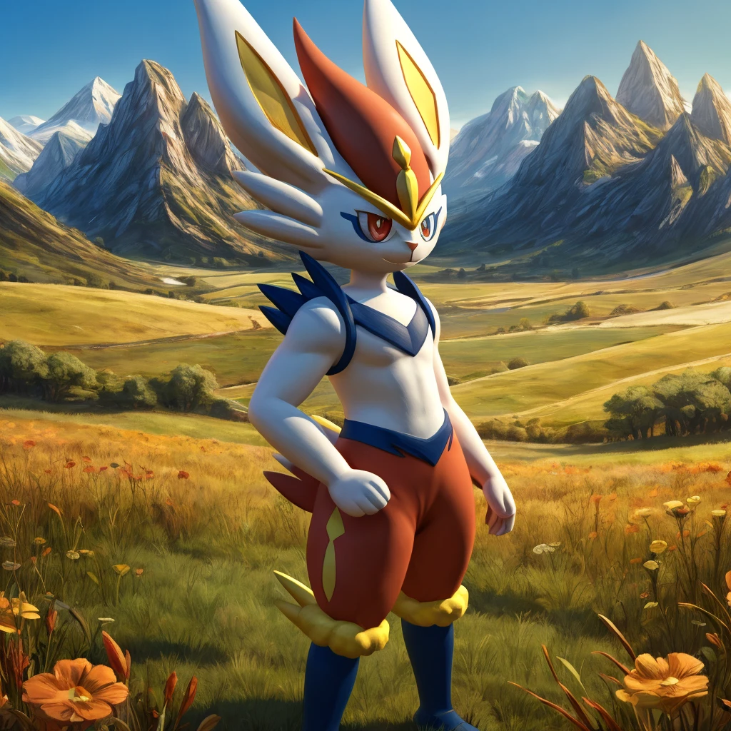 cinderace, anthropomorphic male pokemon, heterochromia, he right eye orange and he left eye pink, field, mountains, grass, standing pose, detailed, art, live action, masterpiece, best quality, 4k