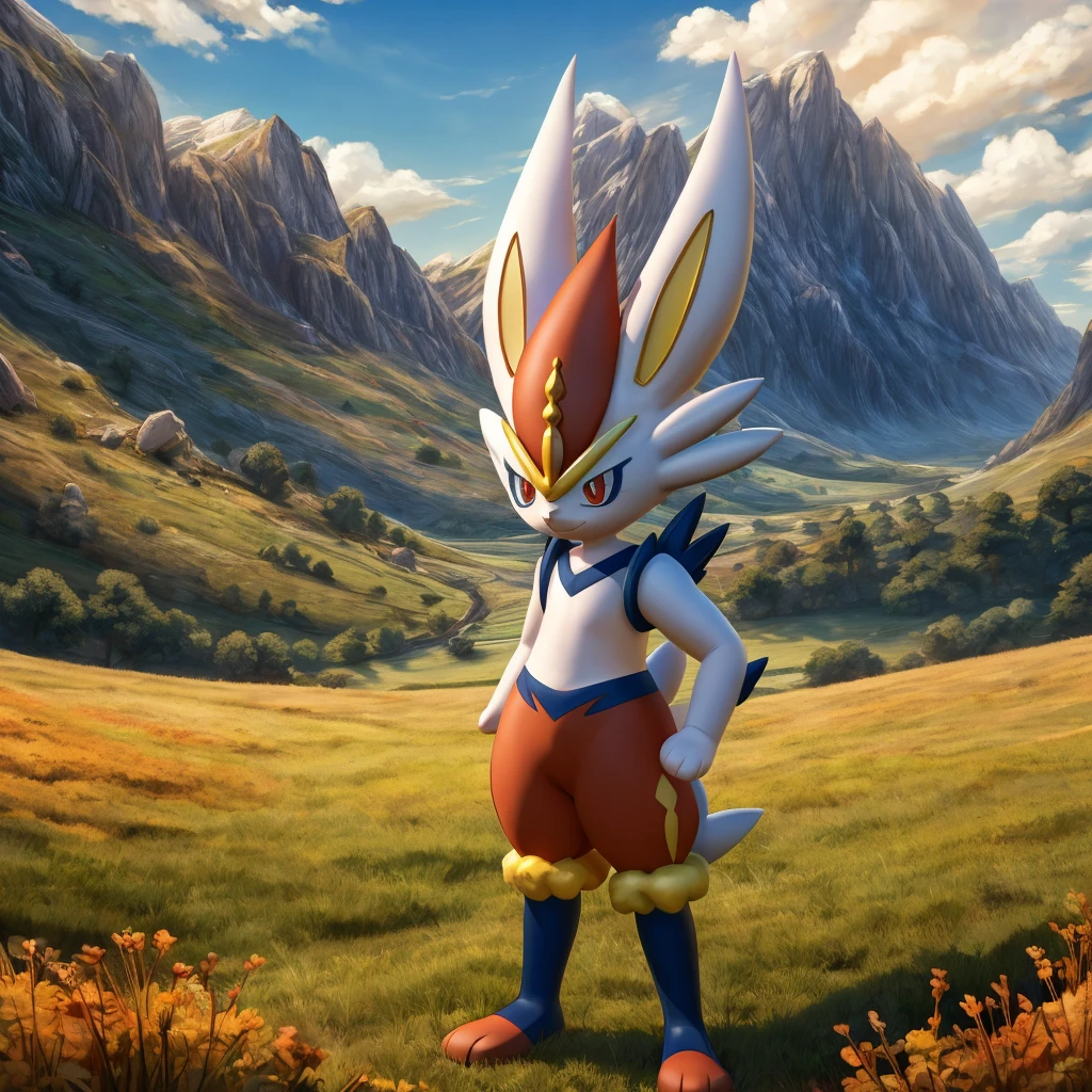 cinderace, anthropomorphic male pokemon, heterochromia, he right eye orange and he left eye pink, field, mountains, grass, standing pose, detailed, art, live action, masterpiece, best quality, 4k