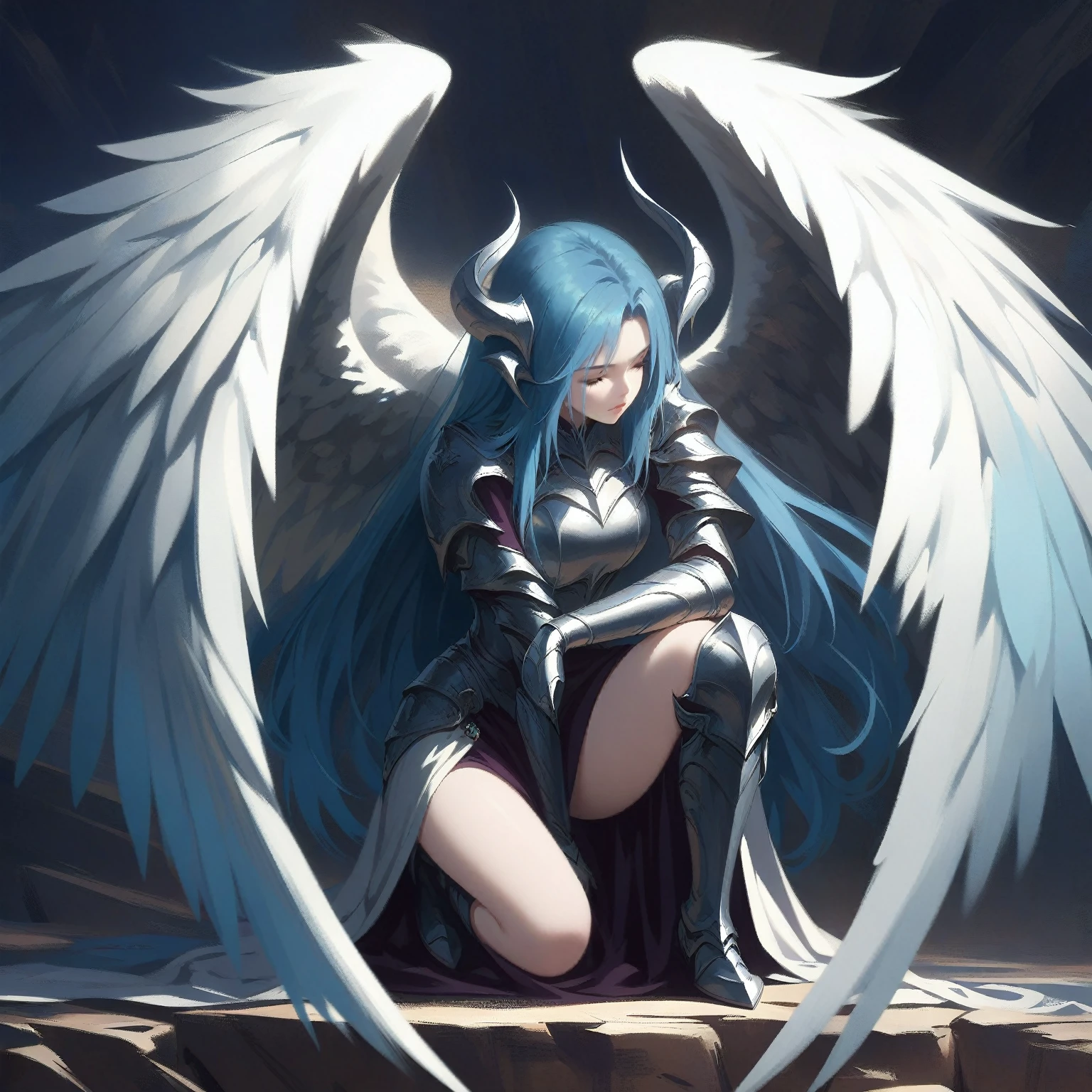 A painting,The painting depicts a woman with blue hair and wings sitting on a rock, angel knight girl, Angel Knight Gothic Girl, angel in plastic armor, Epic Angel Wings, Winged Horn, Anime Fantasy Artwork, 2. 5 d cgi Anime Fantasy Artwork, Beautiful angel girl, Anime Art Wallpaper 4K, Anime Art Wallpaper 4K, Anime epic artwork