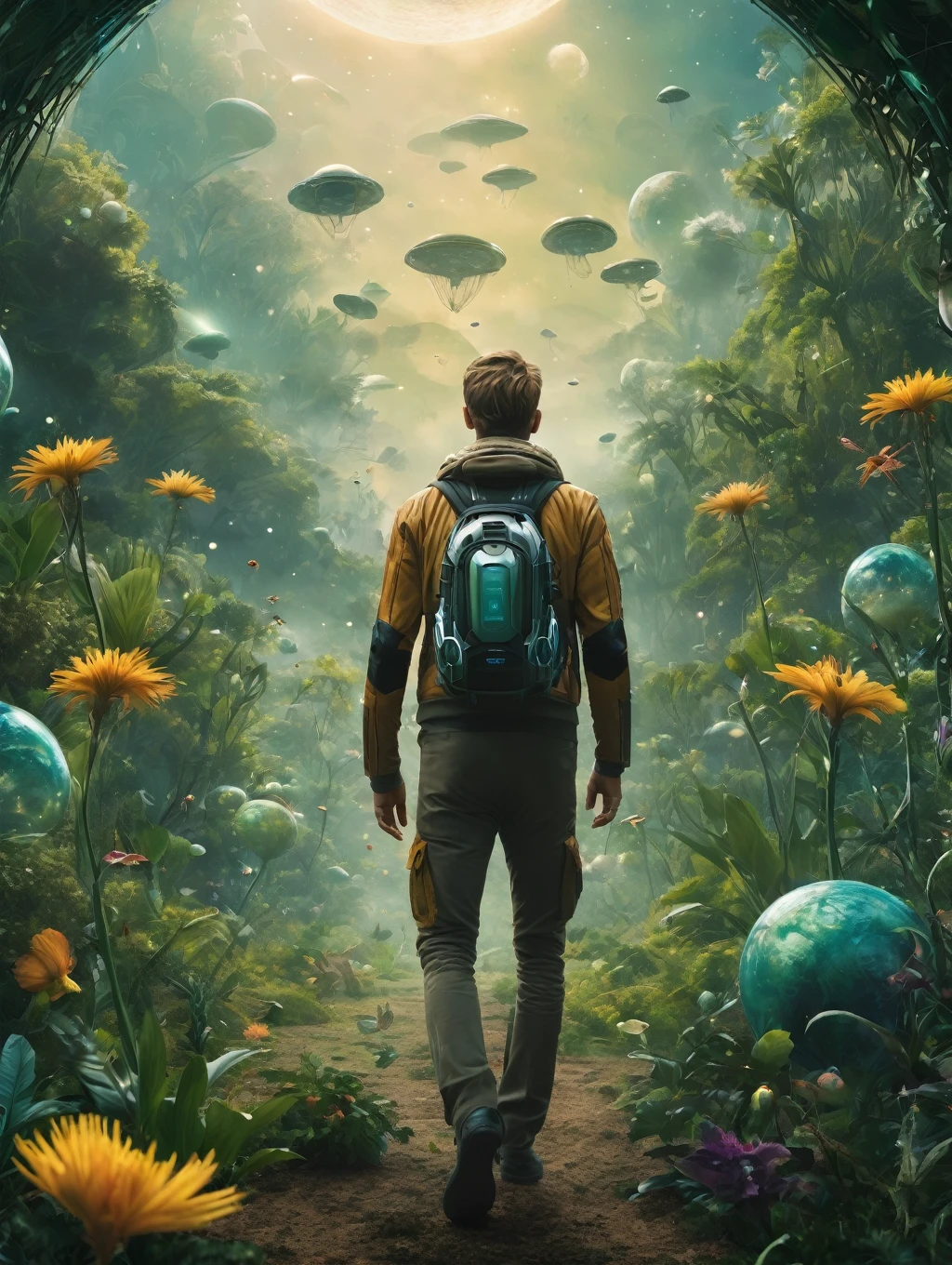 (whole body|full length), A parallel world scene in which Ryan Gosling hunts alien insects with a net. Alien flora and fauna inhabit the surrounding area, Some moons in the sky.