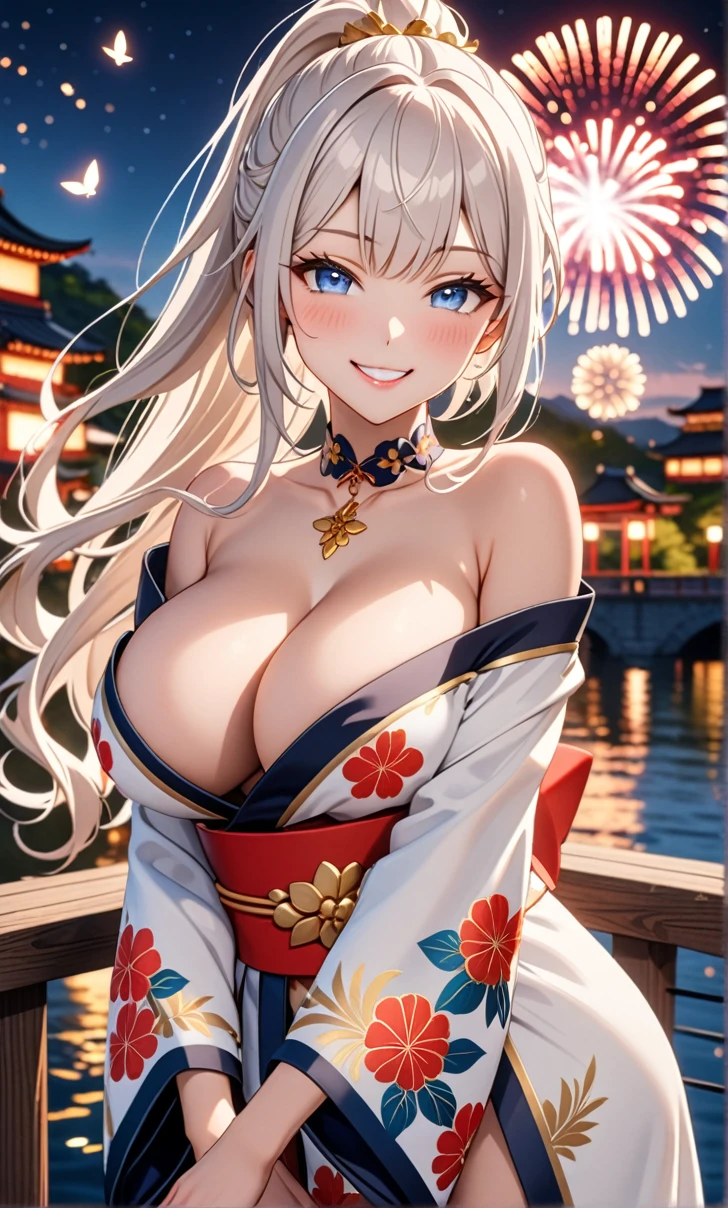 ultra-detailed, ((one girl)), nsfw, ((a girl with white hair girl)), hyper detailed, absurdres, 8K, Beautiful Face, (Laugh shyly), ((teasing smile:1.8)), ((Wink:1.8)), ((face focus:1.3)),  (Laugh with your mouth wide open),((Tilt your head:1.6)), View your viewers, ((Bright red cheeks:1.6)),Glossy Red Lips, ((Big Breasts:1.5)), (valley), ((show off breast:1.7)), night, Riverside,On Bridge, firework, (Brighten your face), ((Anime style background)),masterpiece, Highest quality, so beautiful,Latest, Complex details, (Pink long nails), (nail art), (ring),(bracelet), (Floral Choker),AI-generated, Complex,High resolution, Highest quality, super high quality,3D Images、3D Images,One person,((White long hair)),(High Ponytail), (wavy hair:1.3), Fair-skinned anime woman posing for a photo, ((Fine grain、blue eyes、glowing eyes:1.4)), ((add white color to blue eyes)), (Squint your eyes:1.1),a hyperRealistic , hyperRealistic , Realistic, Anime woman with long white hair, Smooth anime CG art, A girl in a gorgeous kimono with gold embroidery, ((black furisode:1.3)), ((undressing)), (Red floral pattern) ,Long flower hair ornament,Floral Earrings,Mature Body, tall,Abdominal muscles,Tight waist,((leaning forward:1.7)), Putting your hands on the railing, (front view),