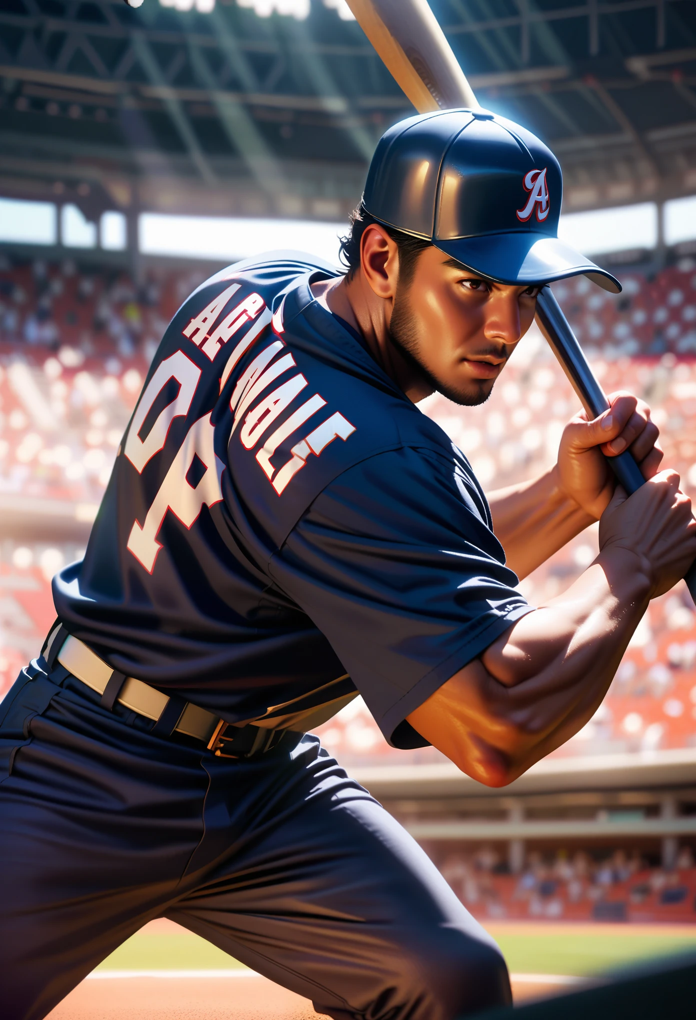 a muscular male baseball player in a stadium with a cheering audience, baseball uniform, batting stance, detailed facial features, highly detailed, cinematic lighting, photorealistic, epic scale, dramatic action, dynamic composition, vibrant colors, depth of field, detailed textures, sports action scene